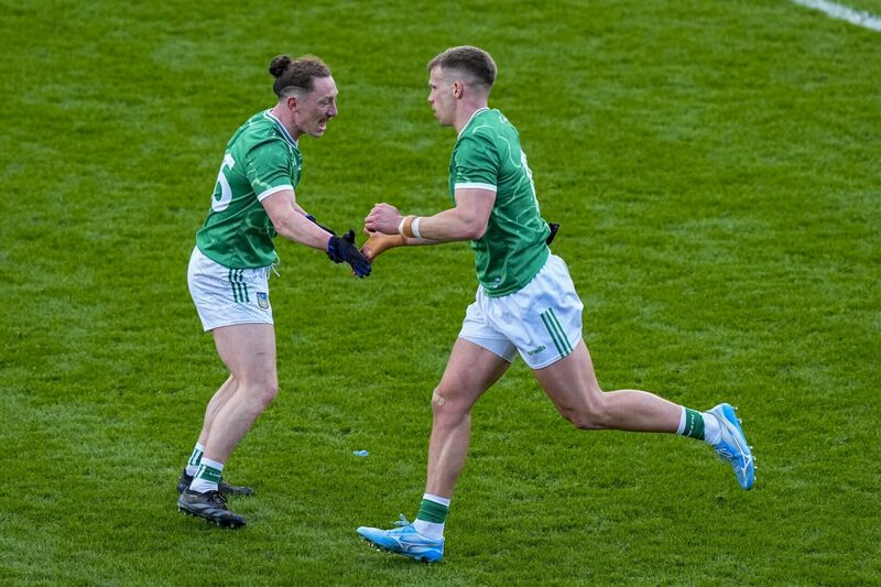 Cillian Fahy of Limerick and Peter Nash celebrate a score. Picture: INPHO/James Lawlor