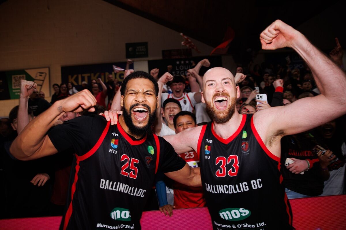 Ballincollig's Latavious Mitchell and Keelan Cairns celebrate winning the SuperLeague. Ballincollig's Latavious Mitchell and Keelan Cairns celebrate winning the SuperLeague.