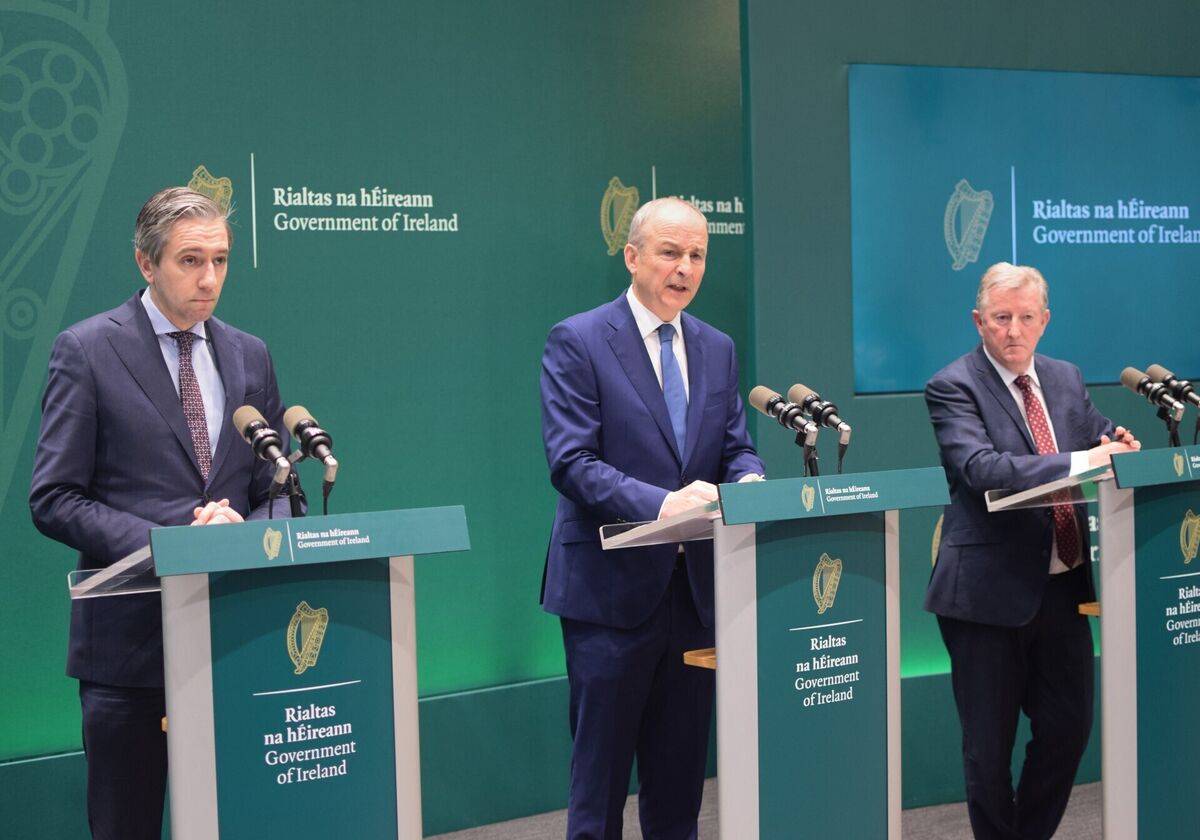 Tánaiste Simon Harris, Taoiseach Micheál Martin, and Minister of State Seán Canney speaking after the Cabinet meeting on Sunday. Picture: Cillian Sherlock/PA