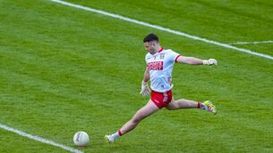 <p>Micheál Aodh Martin takes a kick-out for Cork against Limerick. Picture: INPHO/James Lawlor</p>