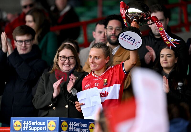 Cork captain Emma Cleary lifts the cup after beating Galway. Picture: Sam Barnes/Sportsfile