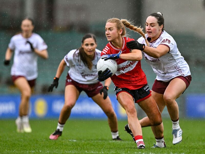 Grace Murphy of Cork in action against Andrea Trill of Galway on Saturday night. Picture: Sam Barnes/Sportsfile