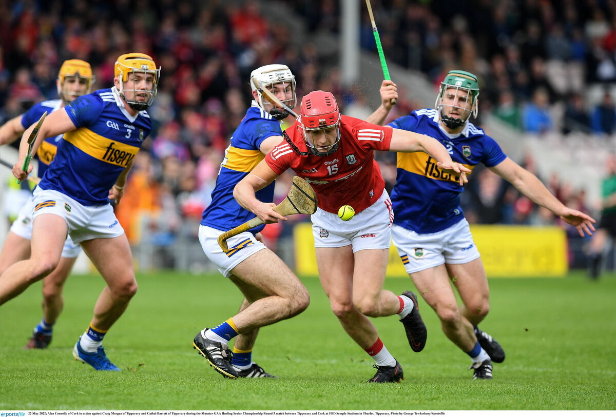 VITAL: Alan Connolly of Cork in action against Craig Morgan of Tipperary and Cathal Barrett of Tipperary in 2022. The Blackrock man has had some big performances against the Premier. Picture: George Tewkesbury/Sportsfile