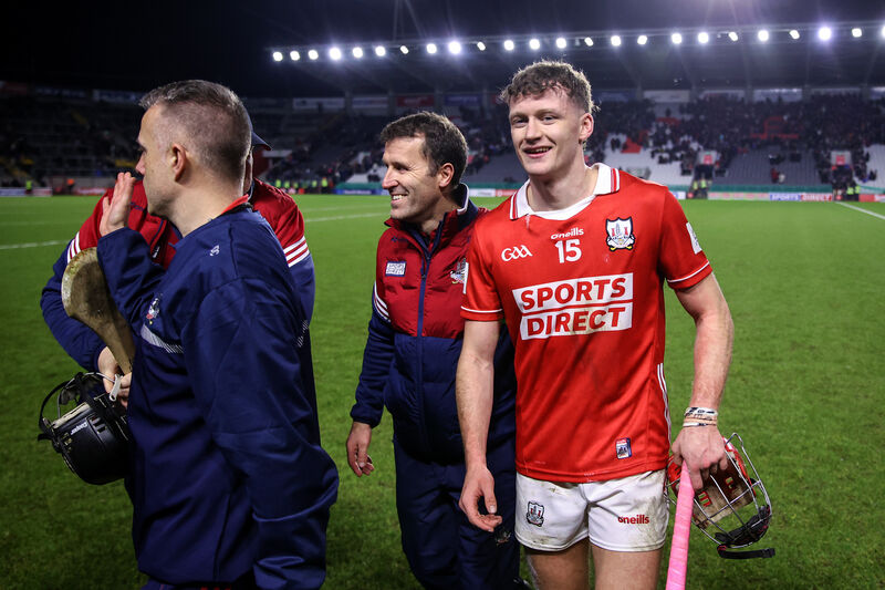 Cork manager Ben O'Connor congratulates Alan Connolly after the Allianz HL Division 1A win over Tipperary in February. Picture: Inpho/Ben Brady