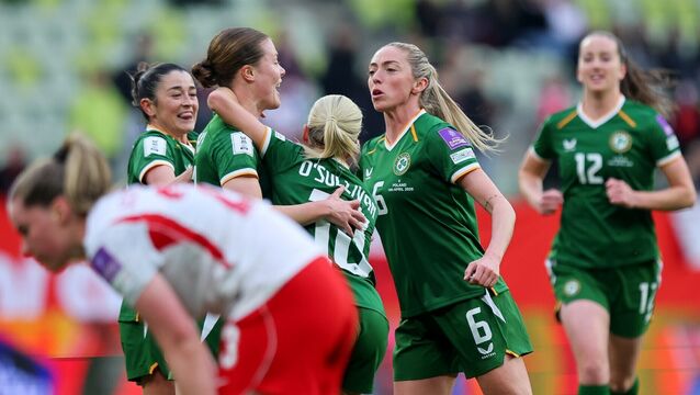 <p>Poland vs Republic of Ireland WNT: Ireland's Emily Murphy celebrates with Marissa Sheva, Denise O'Sullivan and Megan Connolly after she scores her side's first goal of the match </p>