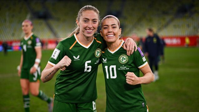 <p>Megan Connolly, left, and Denise O’Sullivan of Republic of Ireland after the 2027 FIFA Women’s World Cup Qualifier match between Poland and Republic of Ireland at Polsat Plus Arena in Gdansk, Poland. Photo by Stephen McCarthy/Sportsfile</p>
