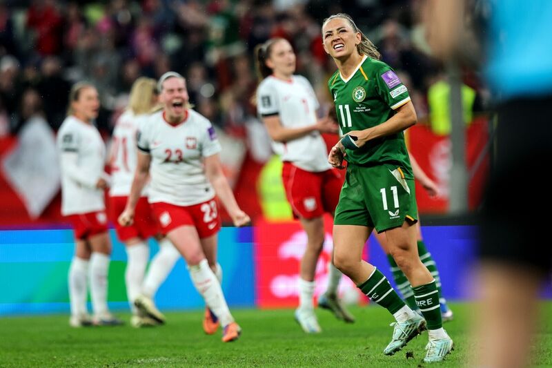 Poland vs Republic of Ireland WNT: Ireland's Katie McCabe celebrates after she scores a goal that would later be ruled out 