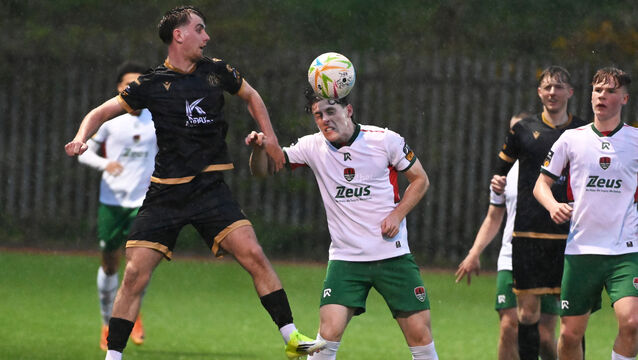 <p>Cork City's Harry Nevin heads away from Kerry's Cian Brosnan during the Grandon's Toyota Munster senior cup at Mayfield Picture; Eddie O'Hare</p>