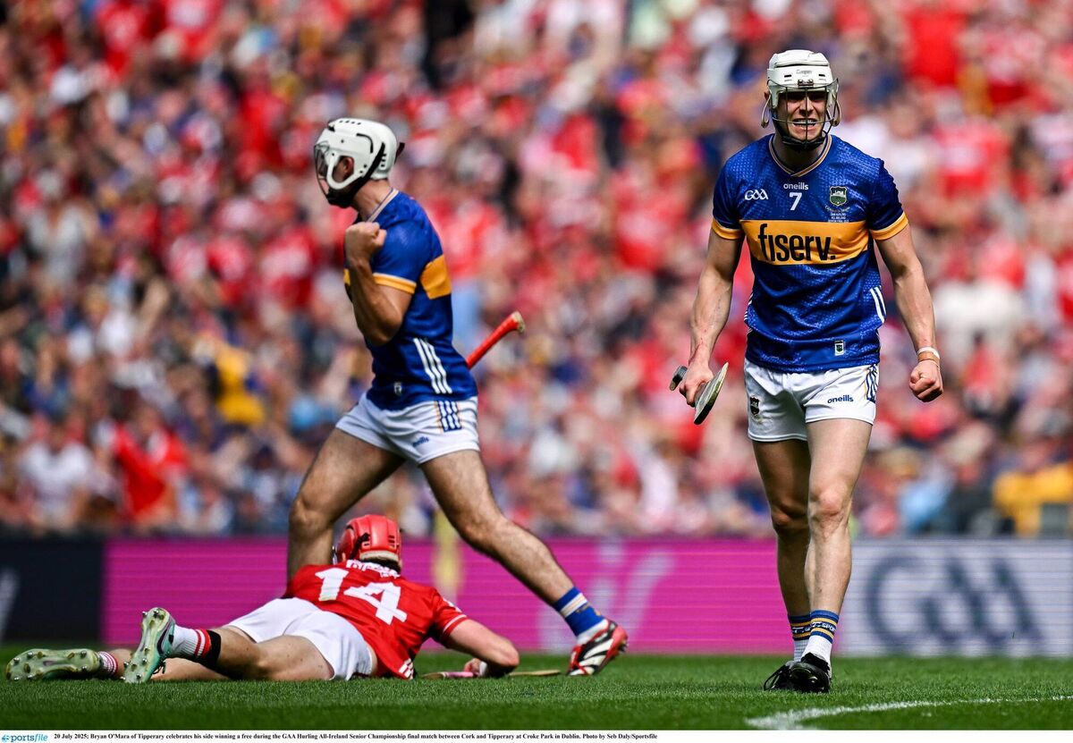 Bryan O'Mara of Tipperary celebrates his side winning a free during the GAA Hurling All-Ireland Senior Championship final match between Cork and Tipperary at Croke Park in Dublin. Photo by Seb Daly/Sportsfile