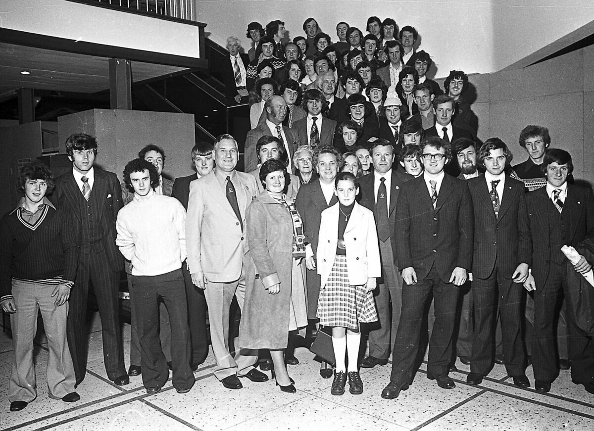 The Munster tug-o-war team at Cork Airport in October, 1977, before leaving for Jersey. Passengers used to dress up to fly in those days, says Jo Kerrigan