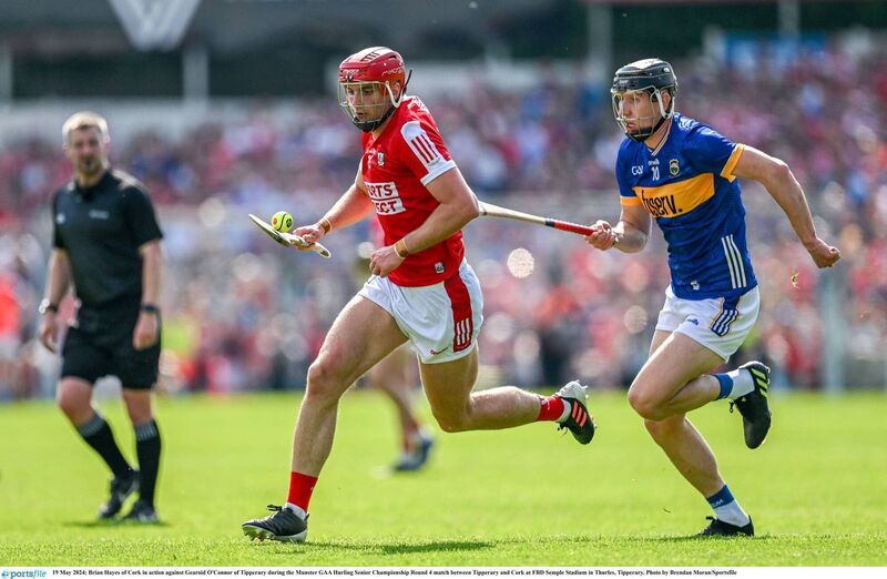 Brian Hayes of Cork in action against Gearoid O'Connor of Tipperary at FBD Semple Stadium. Picture: Brendan Moran/Sportsfile
