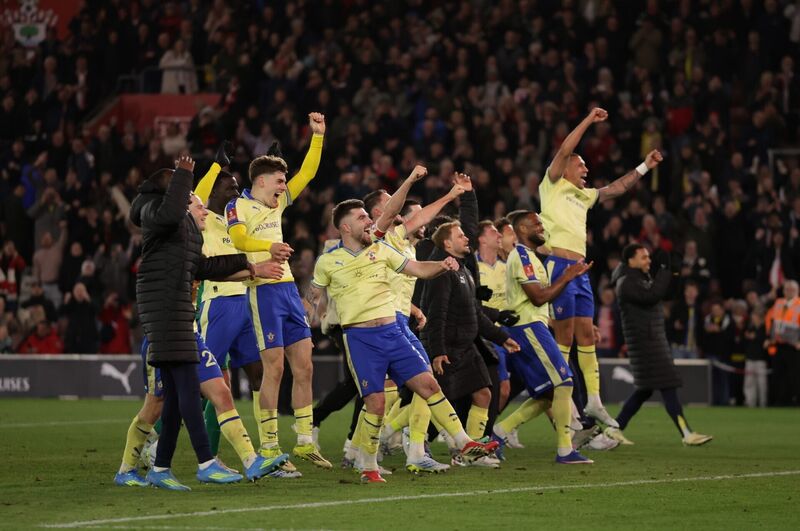 Southampton players celebrate at the final whistle after the Emirates FA Cup, quarter-final match against Arsenal at St Mary's Stadium, Southampton. Picture: Steven Paston/PA Wire