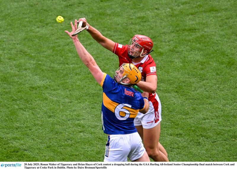 BATTLE FOR THE SKIES: Ronan Maher of Tipperary and Brian Hayes of Cork contest a dropping ball at Croke Park. Picture: Daire Brennan/Sportsfile