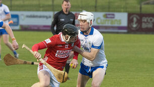 <p>Cork's Finn O'Brien attempts to break past Waterford's Conor Lynch during the Fulfil Munster U20HC at Cappoquin Logistics Fraher Field in Dungarvan. Picture: Howard Crowdy</p>