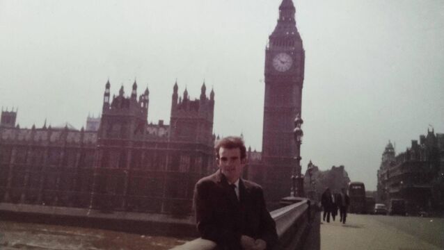 <p>John Twomey pictured with Big Ben in the background. John first read that applications for tickets to the 1966 FIFA World Cup were open in a copy of Charles Buchan’s Football Monthly.</p>