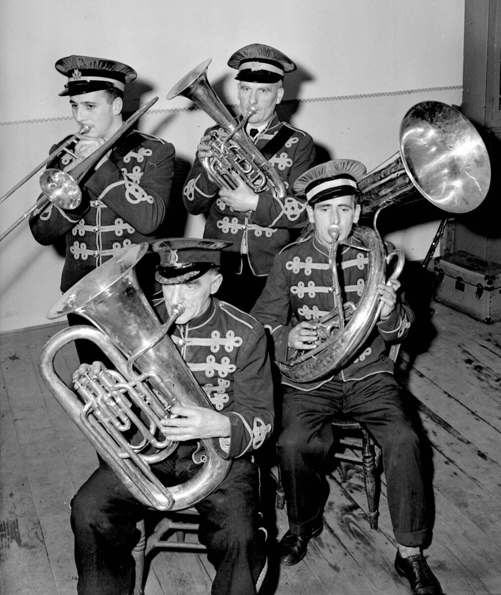 Members of Barrack Street Band during practice at their band hall in 1958. 