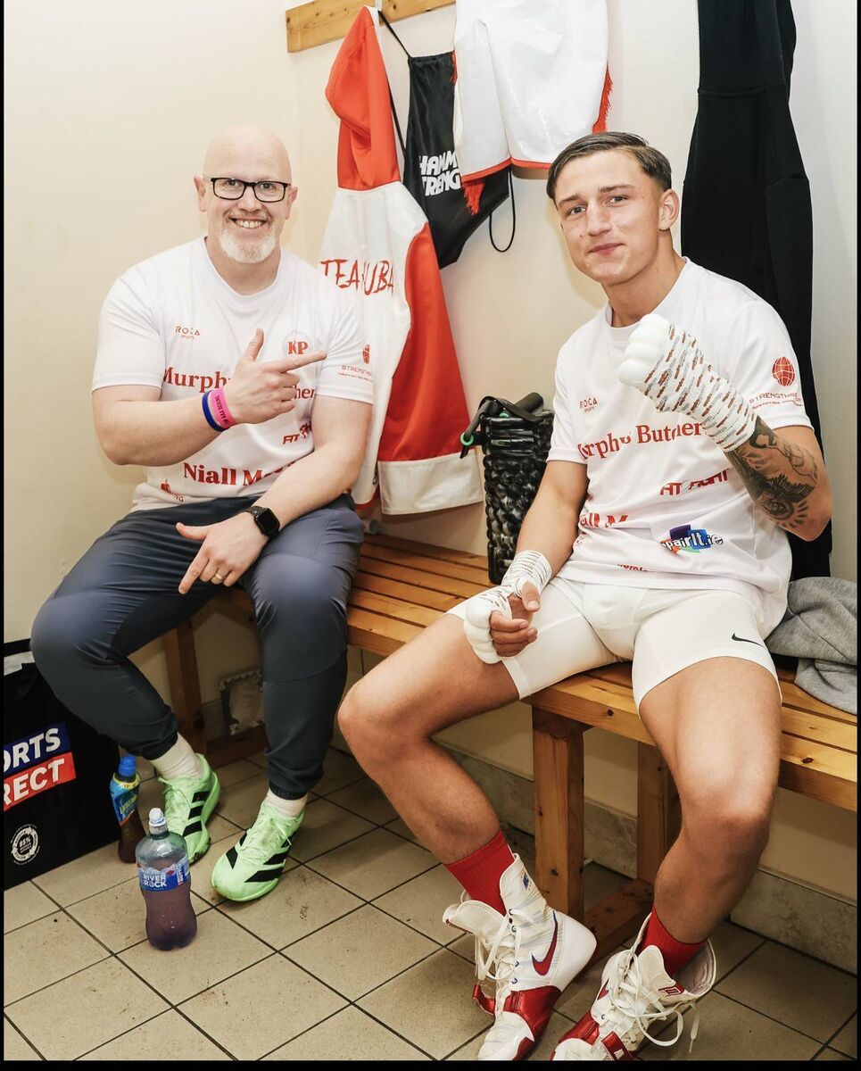 Cork professional boxer Kuba Pielesz with his strength and conditioning coach Dave O’Connell after his recent fight at the Parochial Hall.