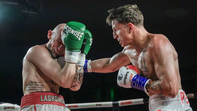 <p>Cork Boxer Kuba Pielesz, on his pro debut, in action against Jakub Laskowski of Poland on the Siam Warriors Promotions Card at the Parochial Hall</p>