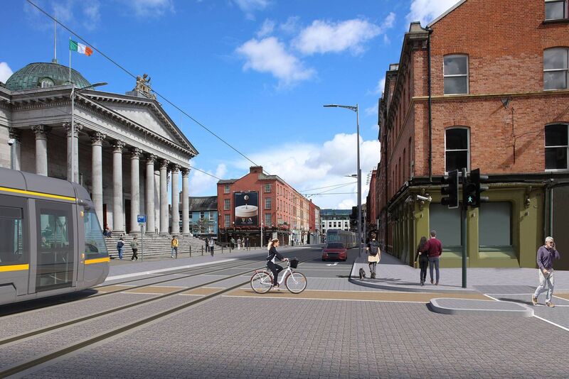 The preferred route for the Luas Cork includes a compter-generated image of the light rail passing the courthouse on Washington St.
