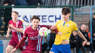 <p>Cobh Ramblers' Rhys Gourdie clashes with Longford Town's Taylor McCarthy during the Division 1 match at St Colman's Park. Picture: Howard Crowdy</p>