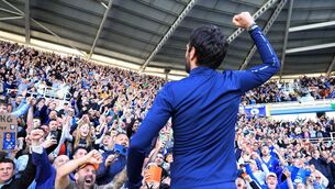 <p>ON THE RISE: Cardiff City manager Brian Barry-Murphy celebrates with fans after securing promotion to the Sky Bet Championship. Picture: Nigel French/PA Wire.</p>