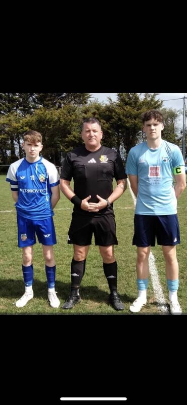 Fermoy captain Tyler Sheehan, Referee Dave Finnegan and Avondale United captain Harry Spratt before their Daly Industrial Supplies U17 League 1 encounter at Avondale Park last Saturday.