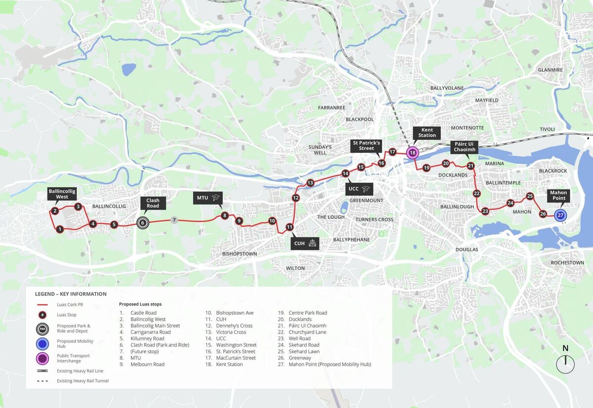 On Friday, TII unveiled the preferred route for Cork City's Luas light rail system, with up to 27 stops between Ballincollig and Mahon Point. Picture: TII/PA
