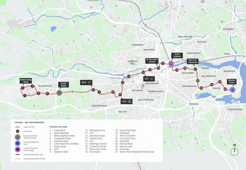 The preferred route for Cork City's Luas light rail system, with up to 27 stops between Ballincollig and Mahon Point. Picture: TII/PA