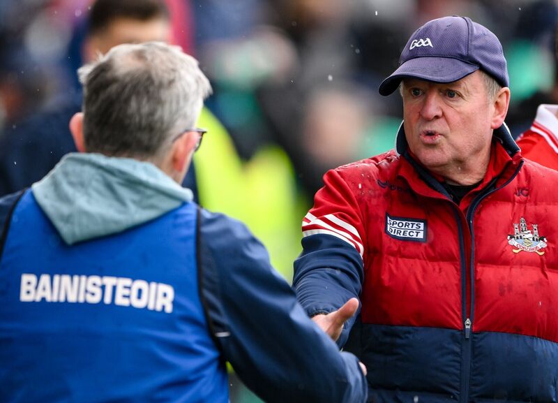 Cork manager John Cleary, right, shakes hands with Limerick manager Jimmy Lee this season. Picture: Brendan Moran/Sportsfile