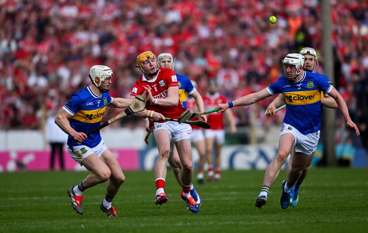 Shane Barrett, who hit 0-4 on Sunday, takes on Tipp's Bryan O'Mara and Eoghan Connolly. Picture: Daire Brennan/Sportsfile