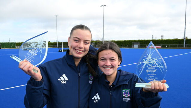 <p>Sofie Moloney and Amy Noonan, co-captains of the Scoil Mhuire senior hockey team, winners of The Echo Women in Sport award for March. Picture: Larry Cummins</p>