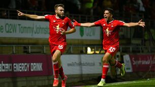<p>Aaron Drinan of Leyton Orient celebrates after scoring their team's first goal with Ruel Sotiriou of Leyton Orient during the Carabao Cup First Round match between Leyton Orient and Queens Park Rangers at The Breyer Group Stadium on August 11, 2021 in London, England. (Photo by Jacques Feeney/Getty Images)</p>