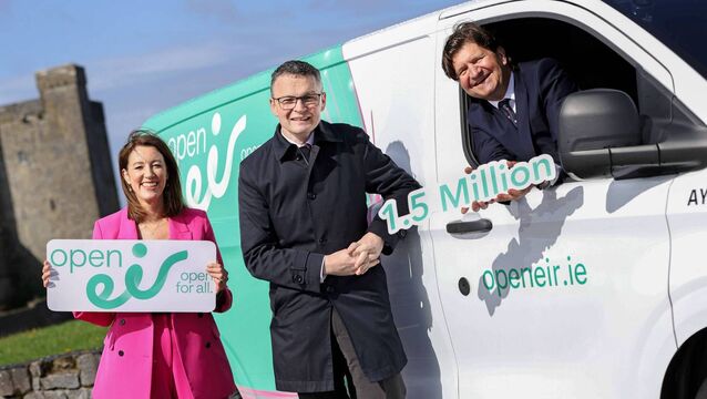 <p>Maeve O'Malley, managing director of Open Eir wholesale with Patrick O'Donovan, Minister for Culture, Communications and Sport and Oliver Loomes, CEO of Eir.</p>