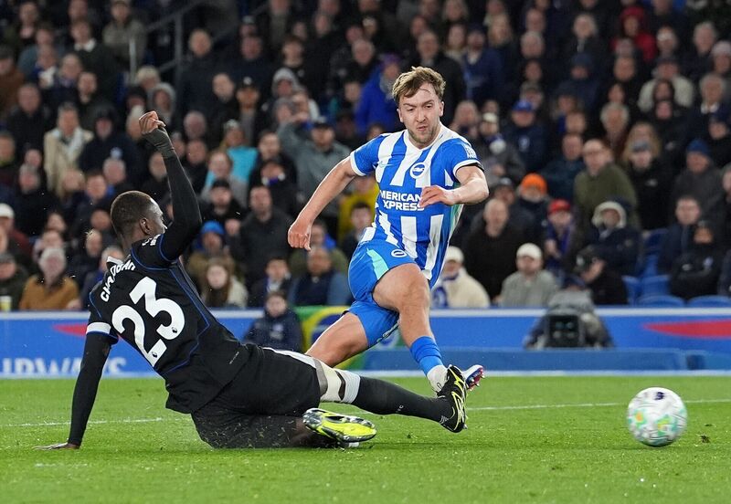 Brighton and Hove Albion's Jack Hinshelwood scores the side's second goal during the Premier League match against Chelsea at the American Express Stadium, Brighton. Picture: Gareth Fuller/PA Wire