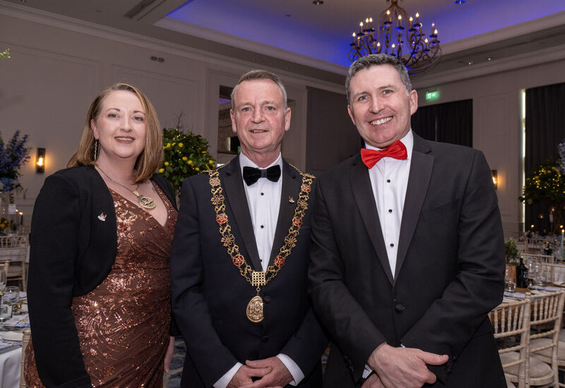 Lady Mayoress, Karen Brennan; Lord Mayor, Cllr Fergal Dennehy; and MC Jonathan Healy at the Cork Simon fundraising ball at Fota Island Resort. Picture: Brian Lougheed
                    