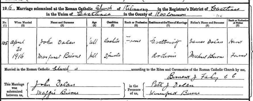 The wedding record for John Dolan's great grandparents, John and Margaret Dolan, from April, 1916 - the day after the Easter Rising ended - showing Margaret's father as John Beirne. The Census a decade later has a different father for Margaret