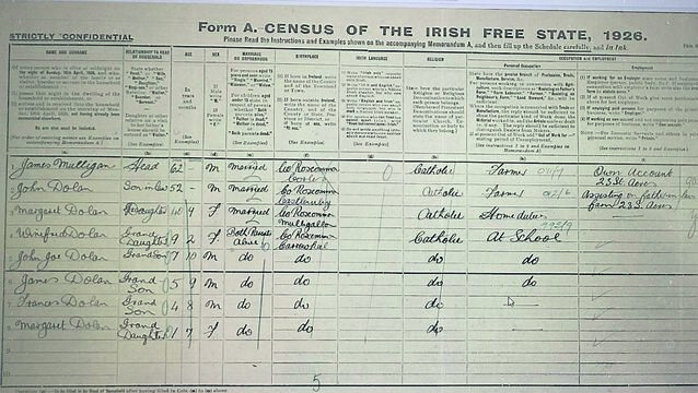 <p class="contextmenu internal_Caption">The 1926 Census page for Roscommon showing John Dolan’s grandfather John Joe and the mystery figure of James Mulligan as John’s great great grandfather. BELOW: The marriage cert showing Michael Beirne as Margaret’s father</p>