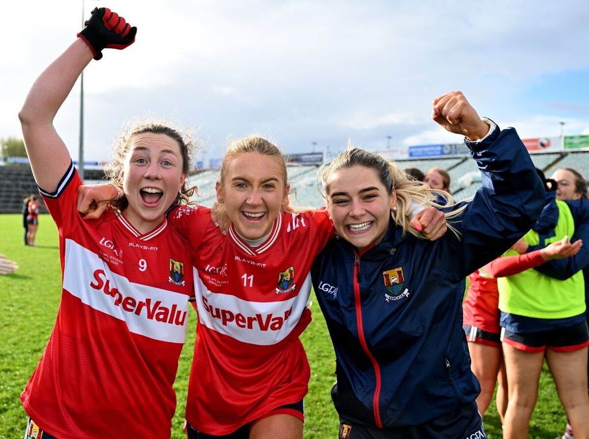 Cork's Abbie O'Mahony, Grace Murphy, and Caoimhe Moore celebrate after their league title win. They will be hoping to bring their league form into the championship. Picture:  Sam Barnes/Sportsfile
