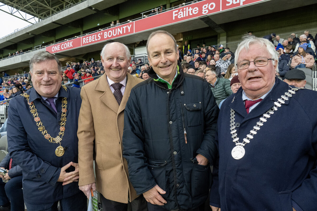 Skibbereen-based Cllr Joe Carroll with the Taoiseach Micheál Martin at the Cork County Senior Football final at Páirc Uí Chaoimh where West Cork's Castlehaven defeated Nemo Rangers, in 2024. Picture: Brian Lougheed.