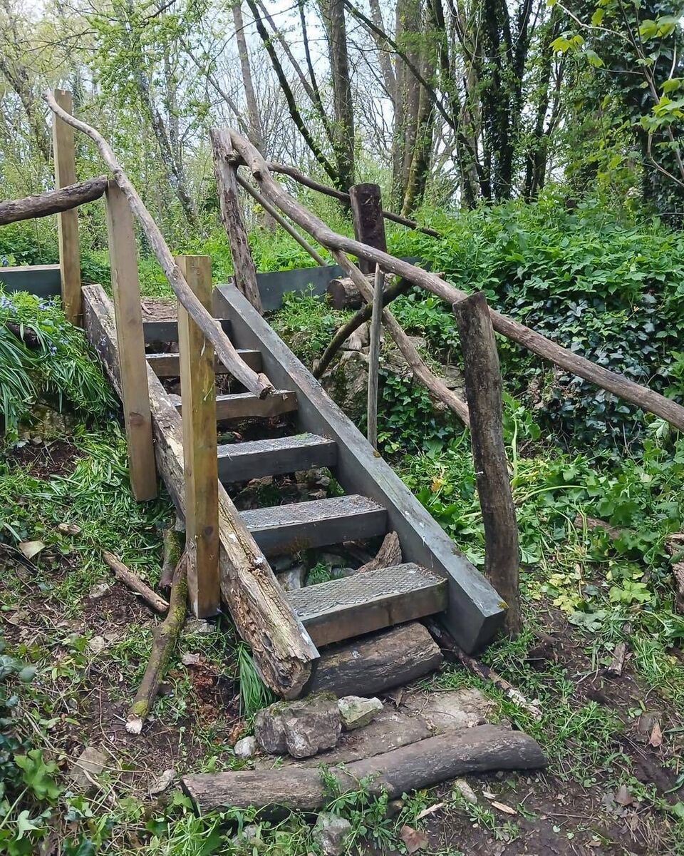 One of the two railway sleeper staircases along the Waterpark Woodland Trail in Carrigaline after it was repaired this week due to vandalism.
