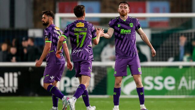 <p>Cork City's Conor Drinan celebrates with Darragh Crowley after scoring his sides goal against Bray Wanderers at the Carlisle Grounds. Picture: ©Inpho/Nick Elliott</p>