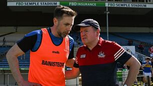 <p>Cork manager John Cleary, right, and Tipperary manager Niall Fitzgerald after the game on Saturday. Picture: Sam Barnes/Sportsfile</p>