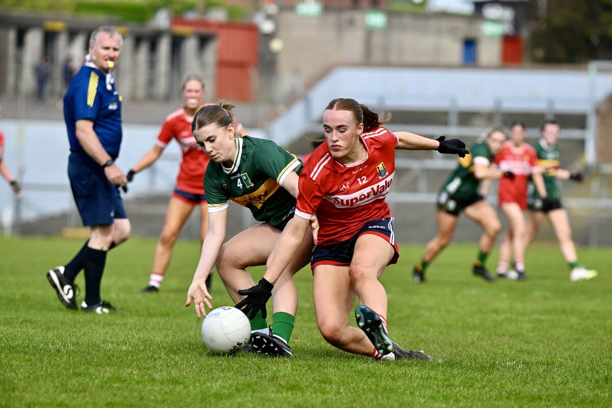 Cork's Aoife McTaggart and Kerry's Saoirse Harkin in a tussle for possession during their Munster LGFA Senior B Championship game at Pirc Uí Rinn. Picture: Larry Cummins