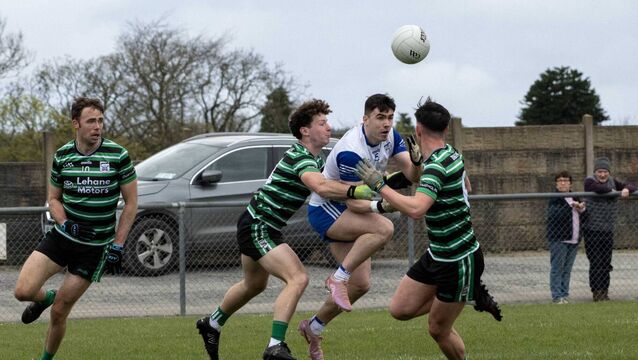 <p>Knocknagree's Gearóid Looney is closed down by the Douglas defence. Picture: Mark Nolan</p>