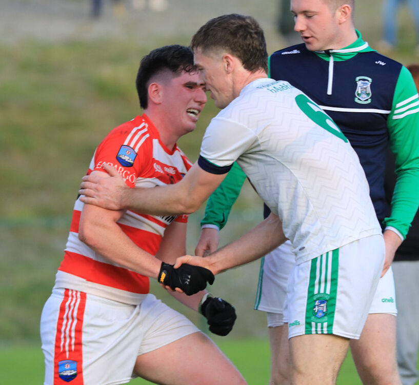 Ilen Rovers' Joseph Hickey offers a devastated Tiernan Sullivan a hand up after Adrigole narrowly lost out in the semi-final last year. Picture: Anne Marie Cronin