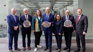 <p>Taoiseach Micheál Martin,  with Tyndall researchers Cara-Lena Nies (centre left), and Somayyeh Bozorgzadeh, (centre right), along with Dr Denis Doyle, board chair, Tyndall; Professor John O’Halloran, president, UCC; Professor William Scanlon, CEO, Tyndall, and Minister for Further and Higher Education, Research, Innovation and Science James Lawless TD, at the launch. Picture: Michael O'Sullivan / OSM PHOTO</p>
