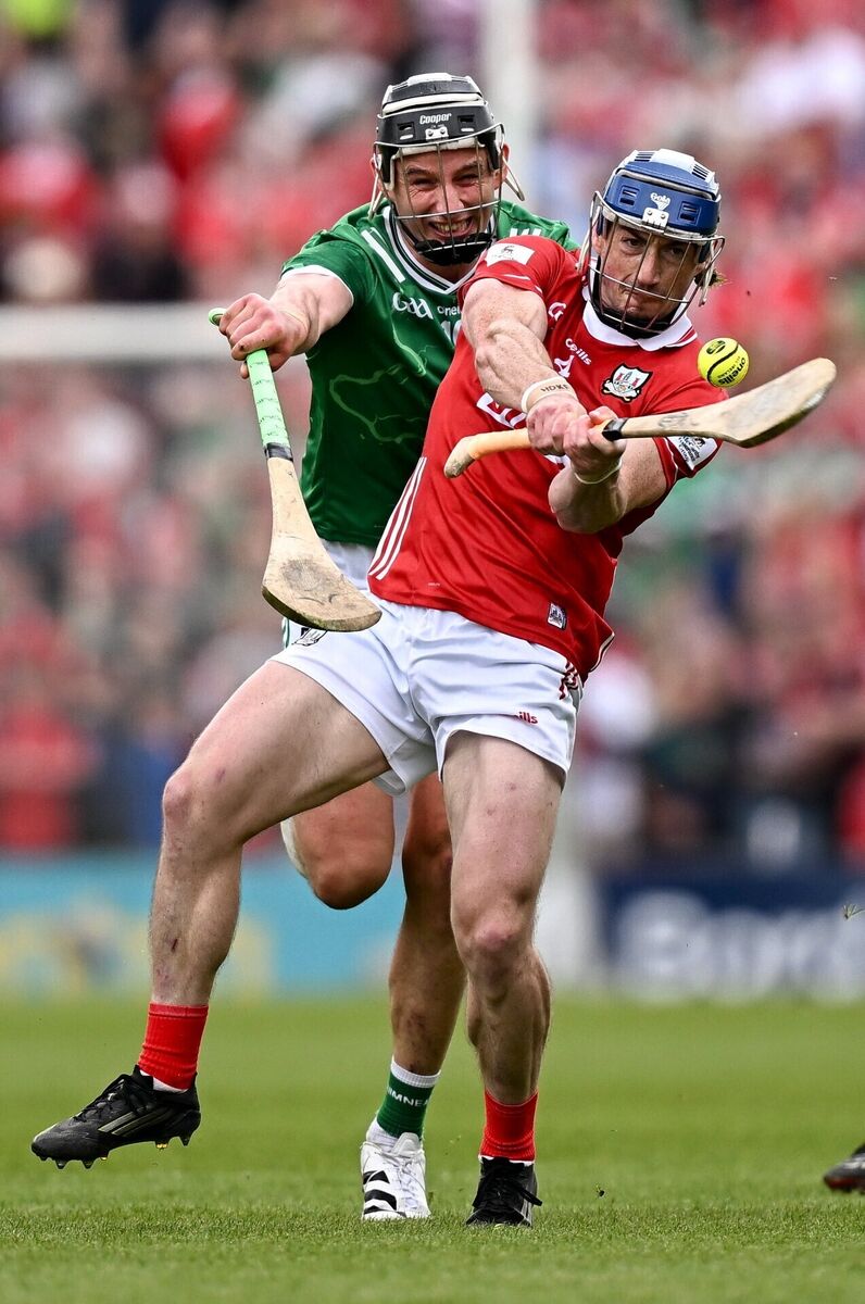 Seán O'Donoghue clears from Gearóid Hegarty of Limerick. Picture: Seb Daly/Sportsfile
