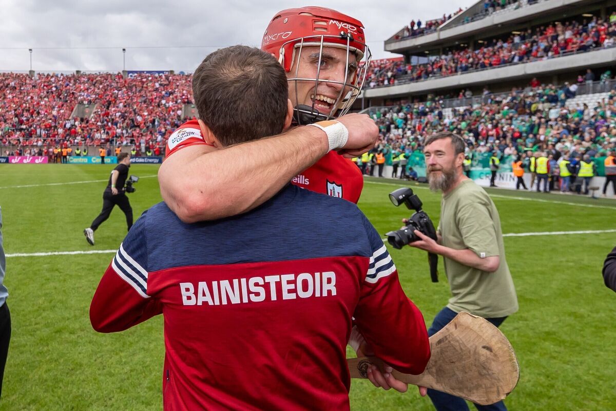 Cork’s Brian Hayes celebrates with manager Ben O’Connor after the game. Picture: Inpho/Morgan Treacy