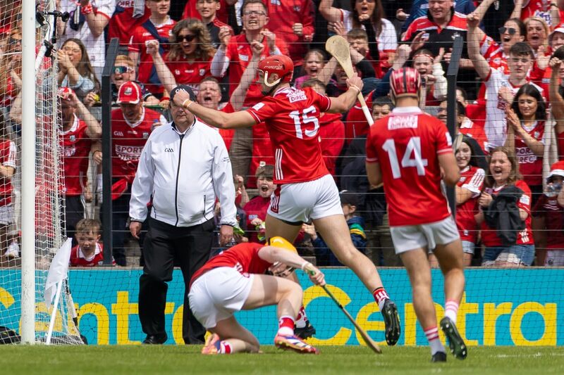 KEY MOMENT: Cork’s Brian Hayes celebrates Shane Barrett’s goal. Picture: INPHO/Morgan Treacy