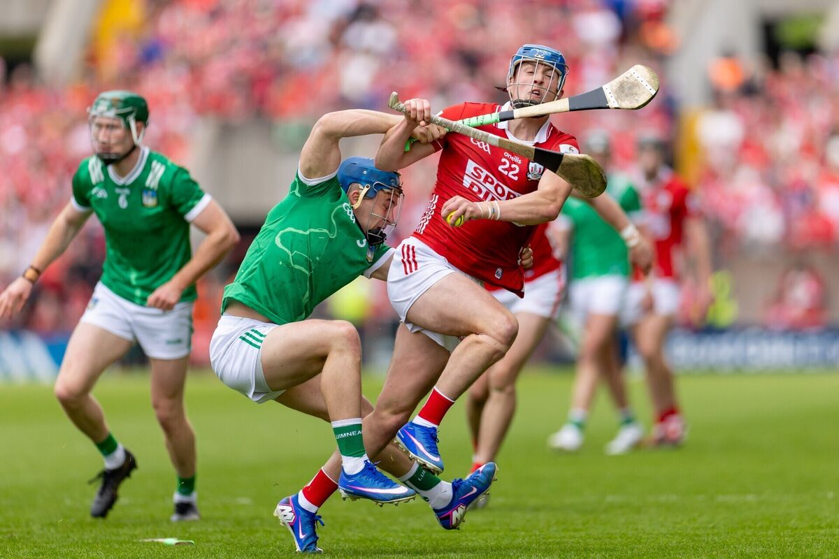 Cork’s Diarmuid Healy battles Mike Casey of Limerick. Picture: INPHO/Morgan Treacy